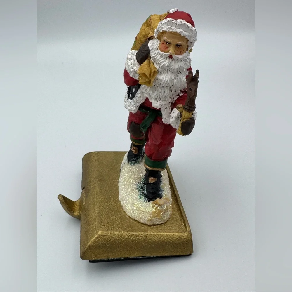 Vintage Santa’s Workbench Hiking Santa Stocking Holder Hand Painted Cast‎ Iron